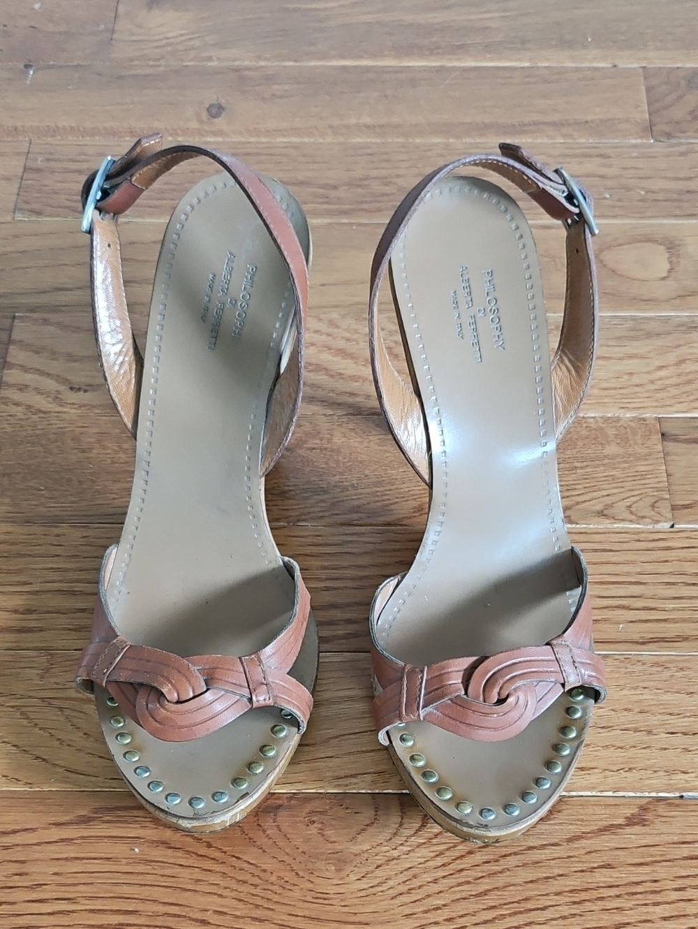 Sz. 6 Albereta Ferretti Philosophy Woven Tan Leather Ankle-Strap Sandals